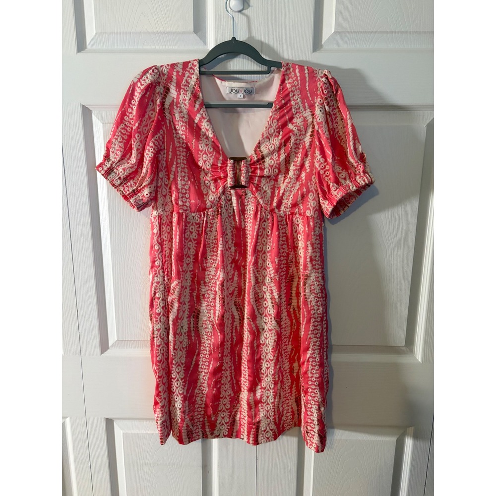 Joy Joy Pink White Batik Print V-Neck Buckle Empire Waist Puf Sleev Mini Dress S